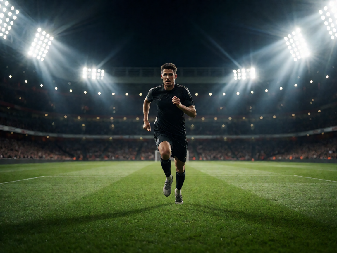 体育场馆夜间灯光照射下的草坪，营造直播现场感